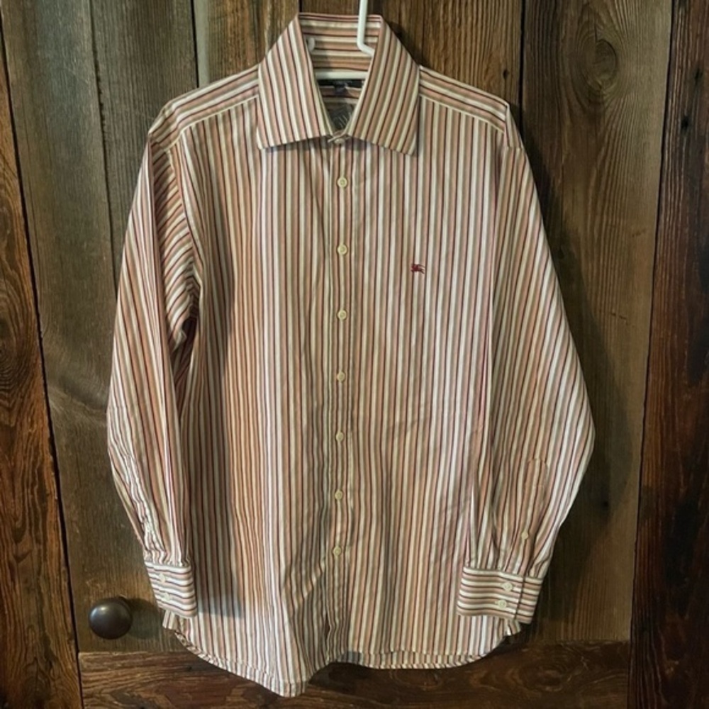 Mens BURBERRY White Red Pink Strip Button Down Long Sleeve Shirt Size 15 /38